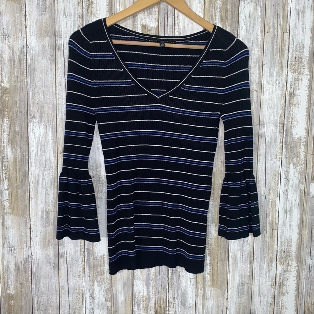 White House Black Market Blue & Black Ribbed Striped Wide Sleeve Blouse